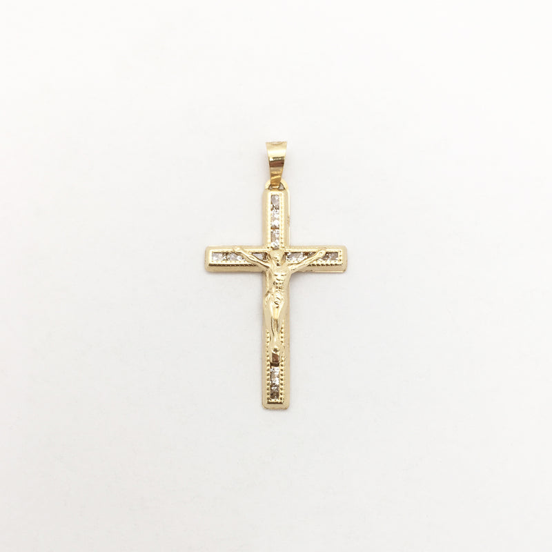 Crucifix CZ Milgrain Pendant small (14K) front - Popular Jewelry - New York