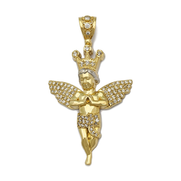 Iced-Out Crowned Baby Angel Pendant Large (14K) - front - Popular Jewelry - New York