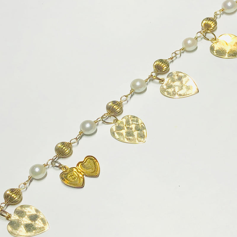 Vintage Heart Locket Charm Pearl Bracelet (14K) diagonal - Popular Jewelry - New York
