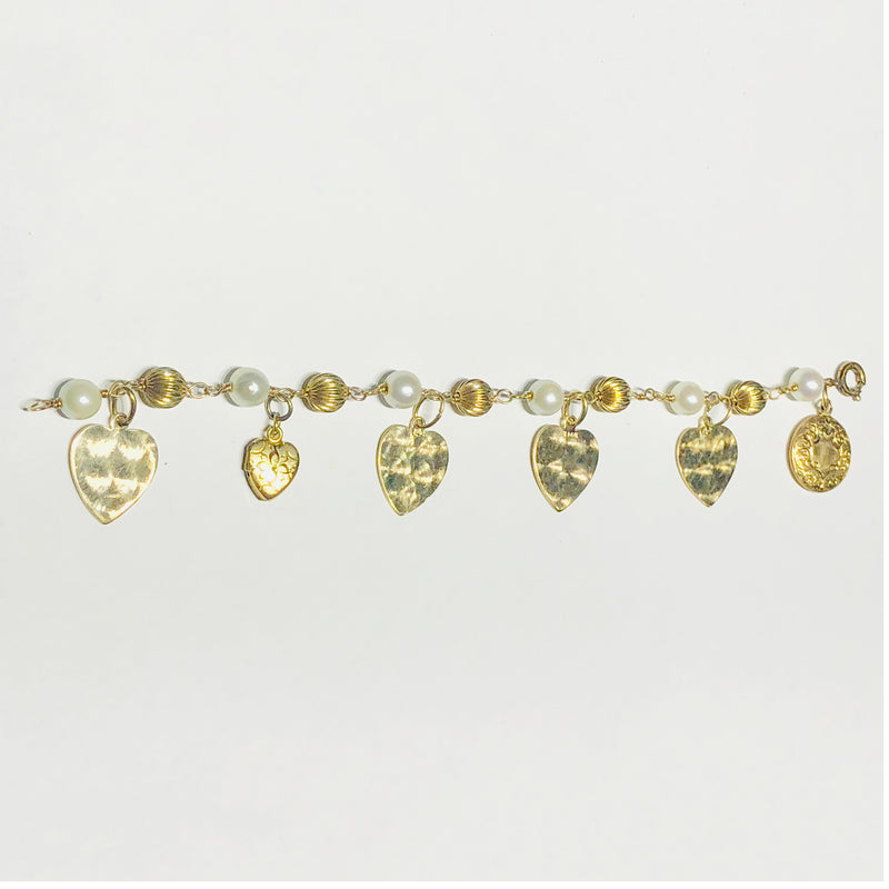 Vintage Heart Locket Charm Pearl Bracelet (14K) front - Popular Jewelry - New York