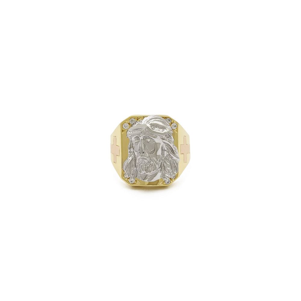 Tri-Tone Jesus Head Signet Ring (14K) front - Popular Jewelry - New York