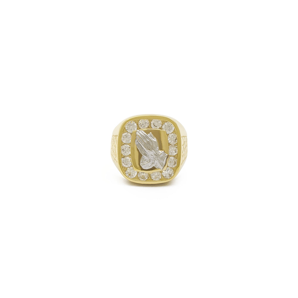 Icy Praying Hands Signet Ring (14K) front - Popular Jewelry - New York