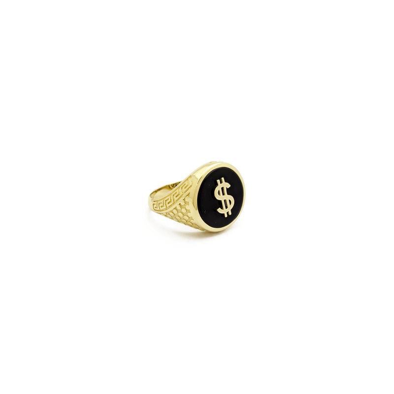 Dollar Sign Black Onyx Ring [Greek Key Motif] (14K) front - Popular Jewelry - New York