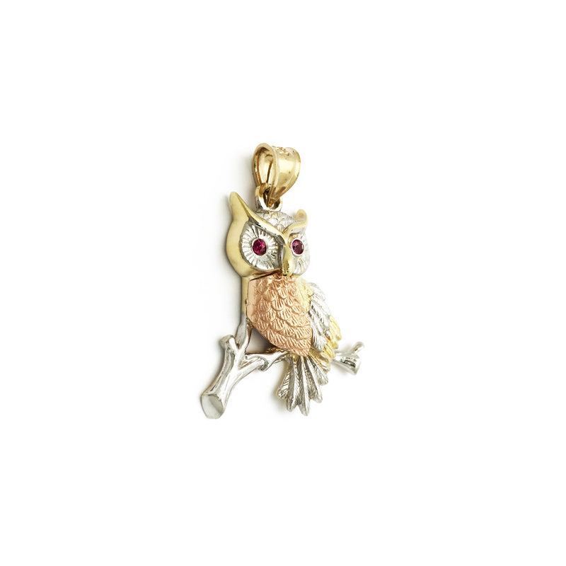 Perched Owl CZ Tri-Color Pendant (14K) side - Popular Jewelry - New York