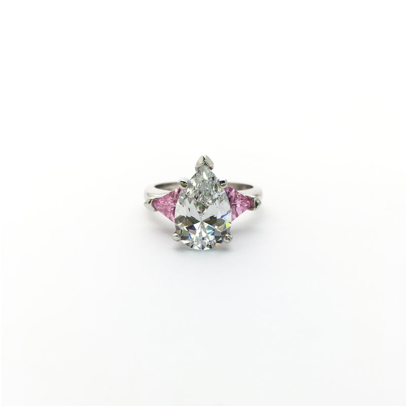 Pear-shaped and Pink Trillion Three Stone Engagement Ring (14K) front - Popular Jewelry - New York