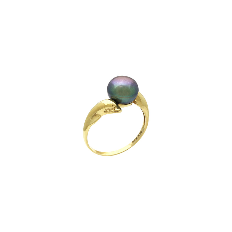 Playful Dolphins Black Pearl Ring (14K) front - Lucky Diamond - Popular Jewelry - New York