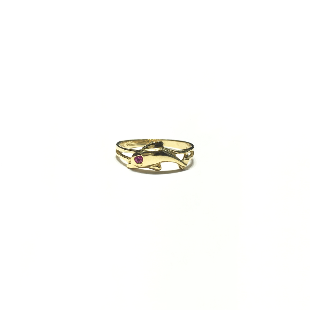Dolphin Dark Pink CZ Ring (14K) front - Popular Jewelry - New York
