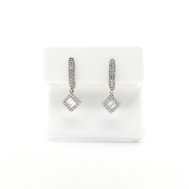 Baguette and Round Diamond Dangling Earrings (14K) front - Popular Jewelry - New York