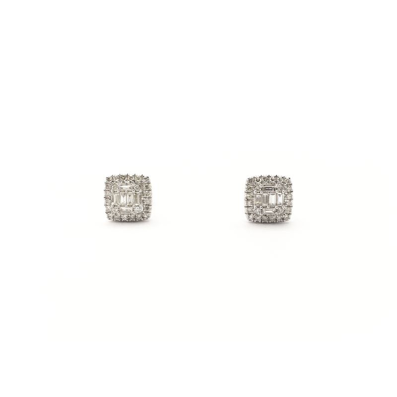 Baguette and Round Diamond Square Stud Earrings (14K) front - Popular Jewelry - New York