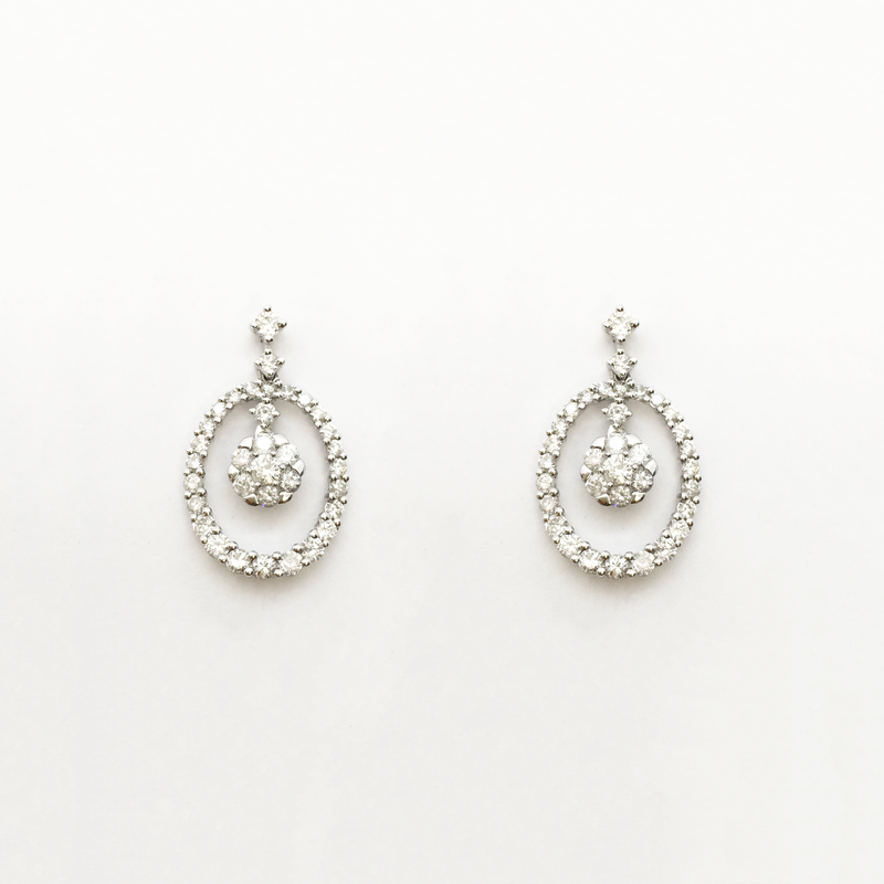 Diamond Cluster Oval Dangling Earrings (14K) front - Popular Jewelry - New York