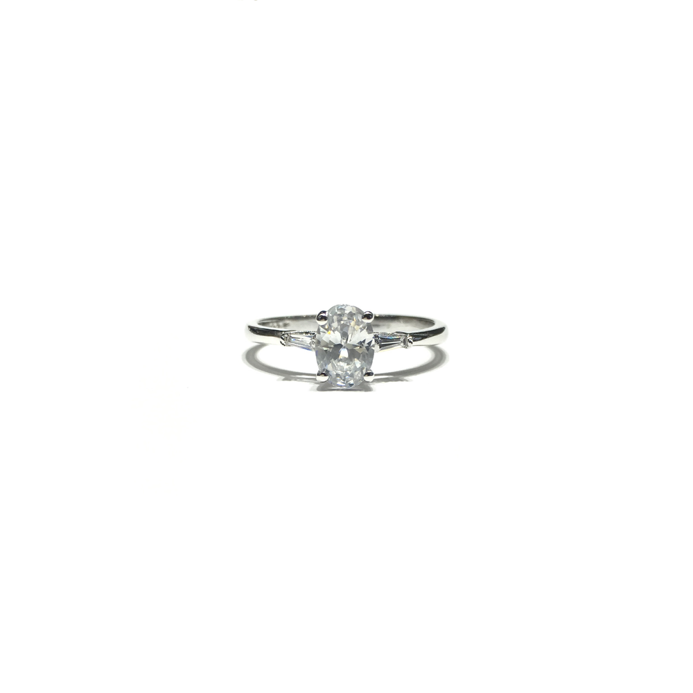 Oval and Tapered Baguette CZ Three Stone Ring White Gold (14K) front - Popular Jewelry - New York