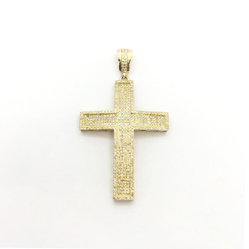 Diamond Iced Bordered Cross Pendant yellow (14K) front - Popular Jewelry - New York