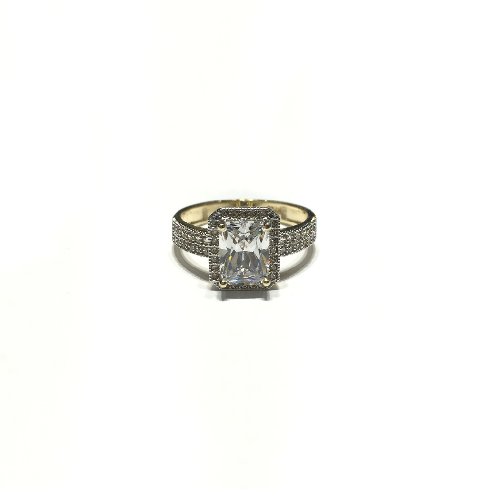 Emerald Shaped CZ Halo Ring (14K) front - Popular Jewelry - New York