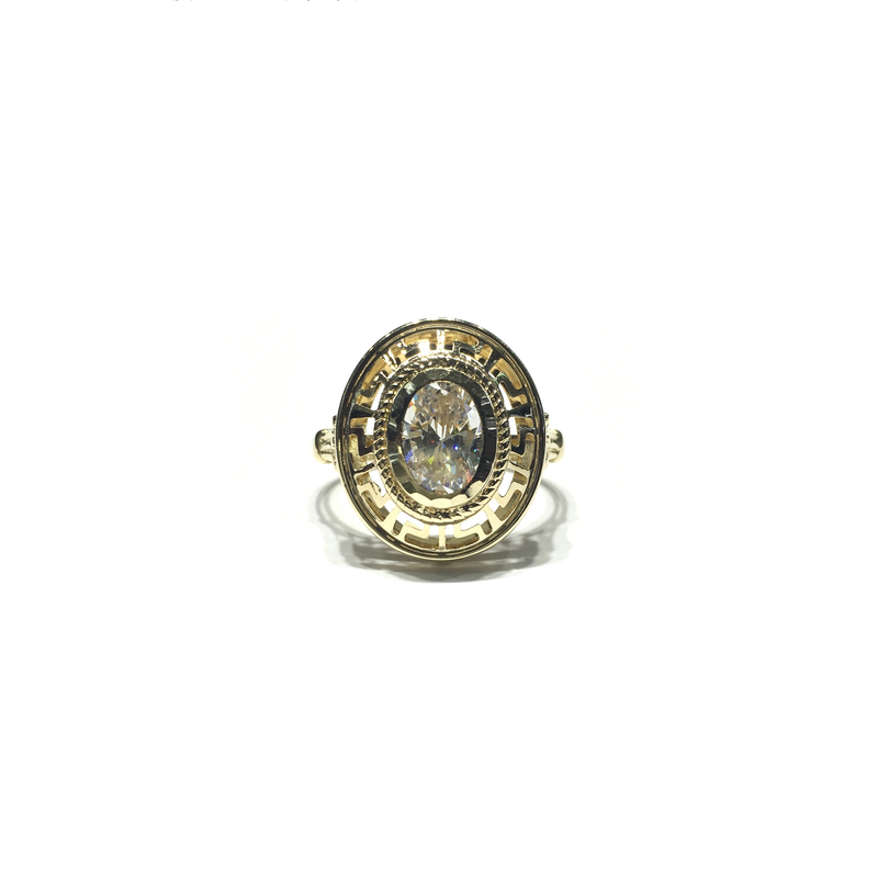 Greek Key Oval CZ Statement Ring (14K) front - Popular Jewelry - New York