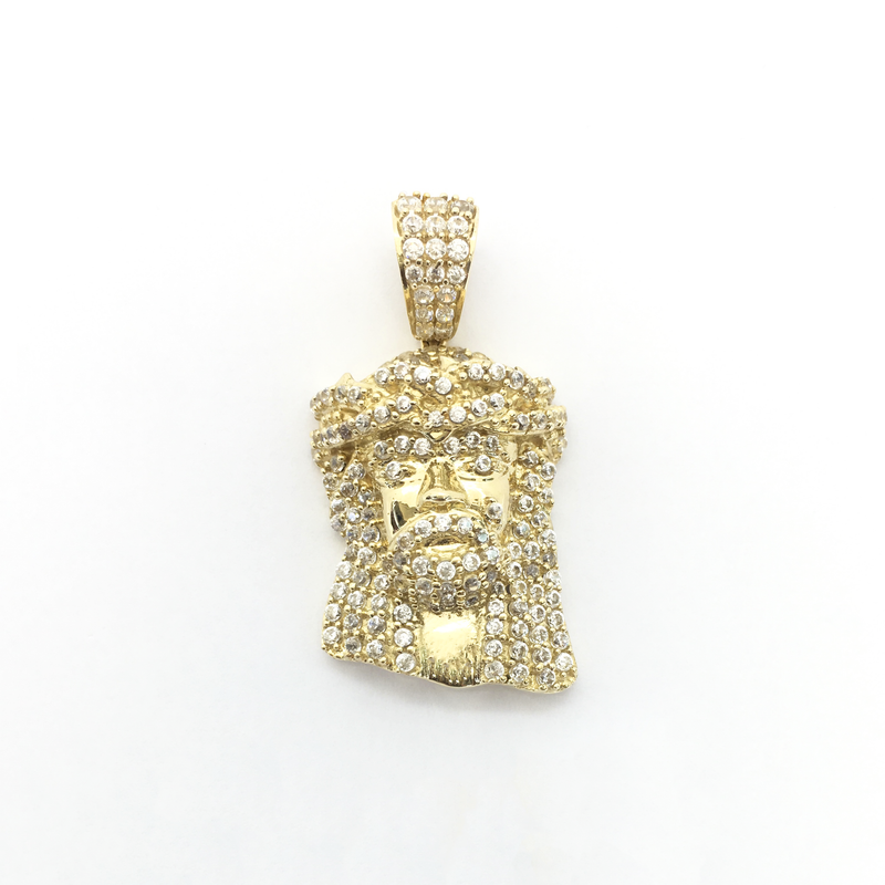 Iced Jesus Head Crown of Thorns CZ Pendant (14K) front - Popular Jewelry - New York