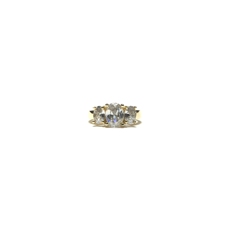 Oval CZ Three Stone Ring (14K) front - Popular Jewelry - New York
