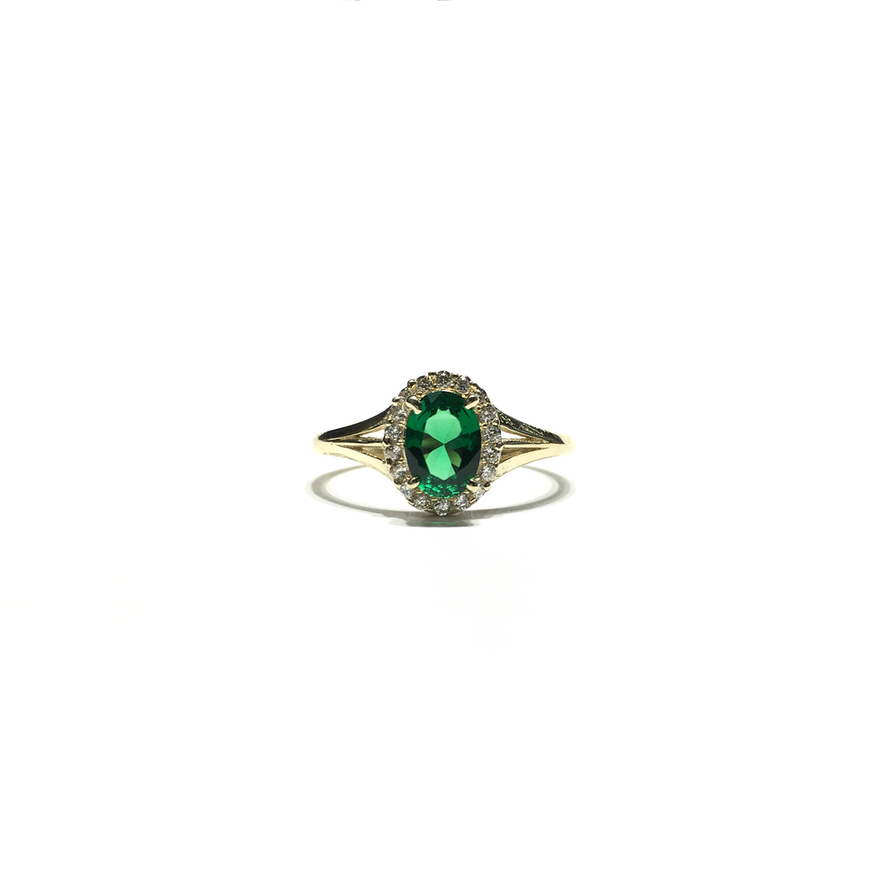 Oval Dark Green CZ Halo Ring (14K) front - Popular Jewelry - New York