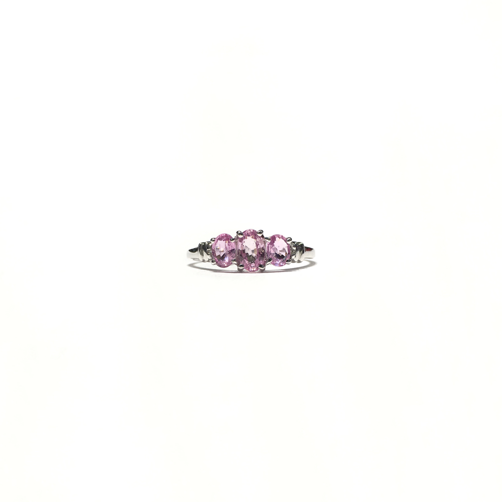 Pink Tourmaline Oval Three Stone Ring (14K) front - Popular Jewelry - New York
