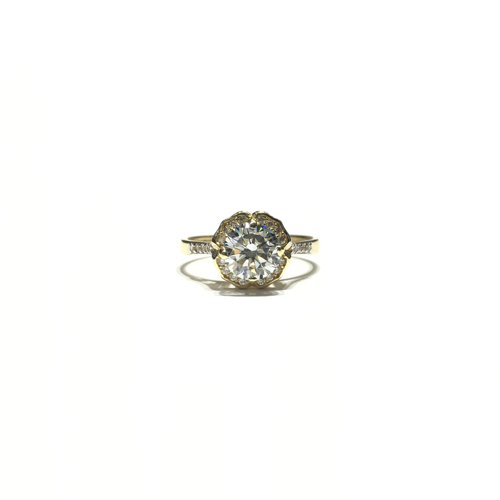 Round CZ Flower Halo Ring (14K) front - Popular Jewelry - New York