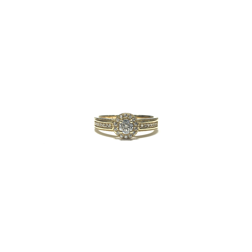 Round CZ Milgrain Accented Halo Ring (14K)