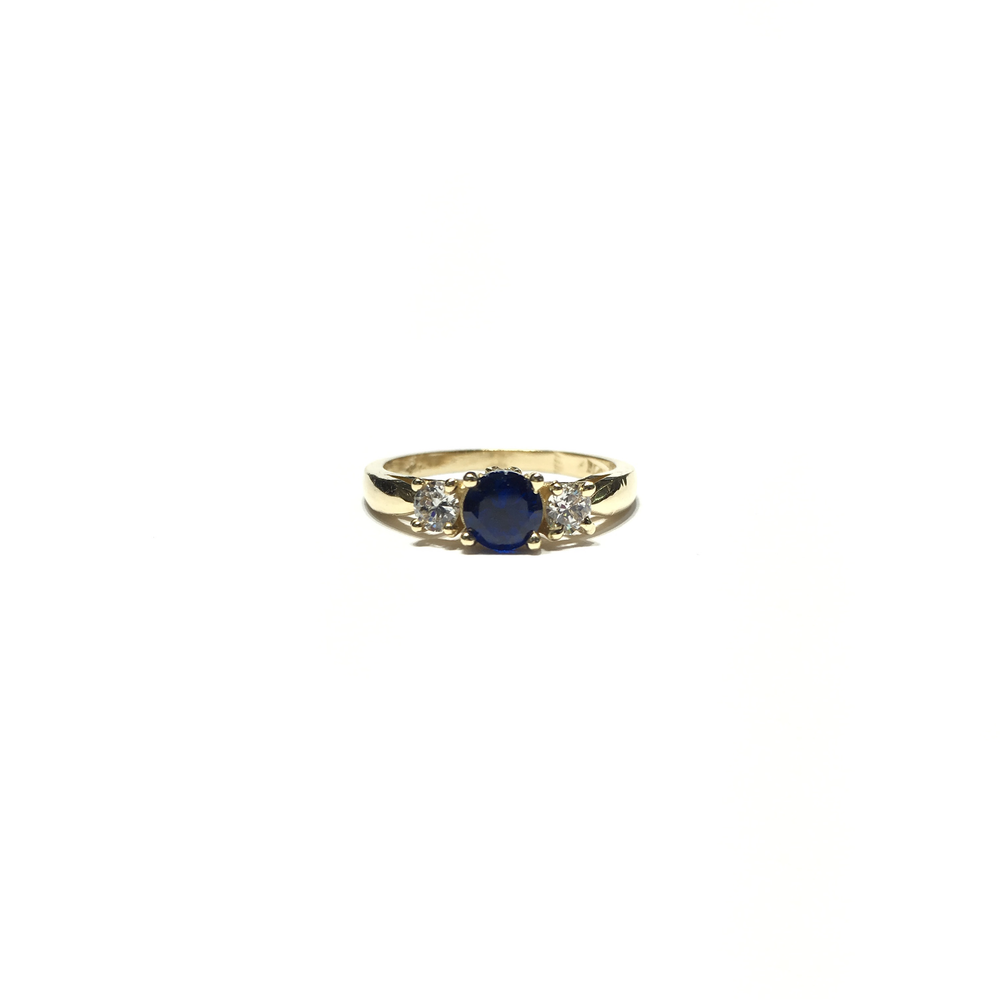 Round Dark Blue CZ Three Stone Surprise Ring (14K) front - Popular Jewelry - New York