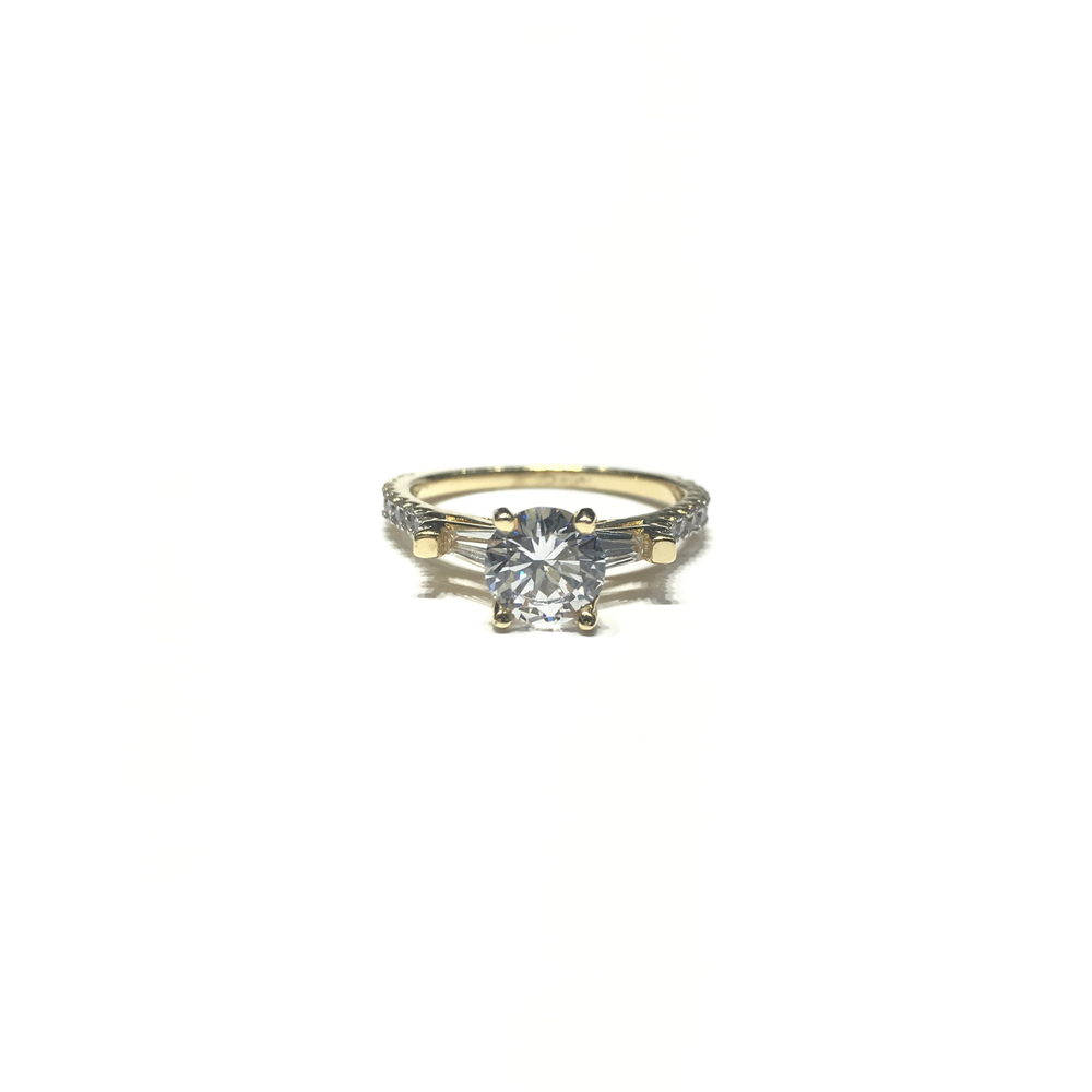 Round and Tapered Baguette CZ Three Stone Ring (14K) front - Popular Jewelry - New York