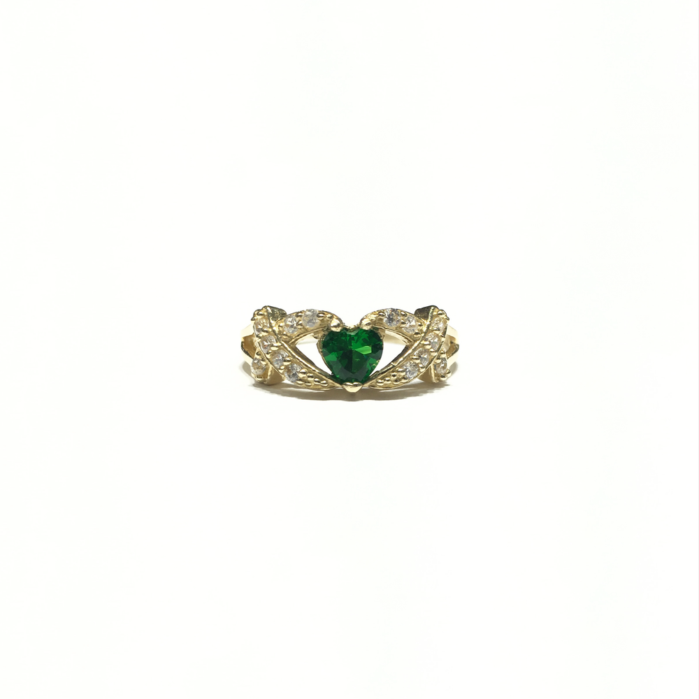 X Bordered Dark Green Heart CZ Ring (14K) front - Popular Jewelry - New York