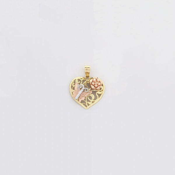Butterfly and Rose Heart Tricolor Diamond Cut Pendant (14K) - Popular Jewelry