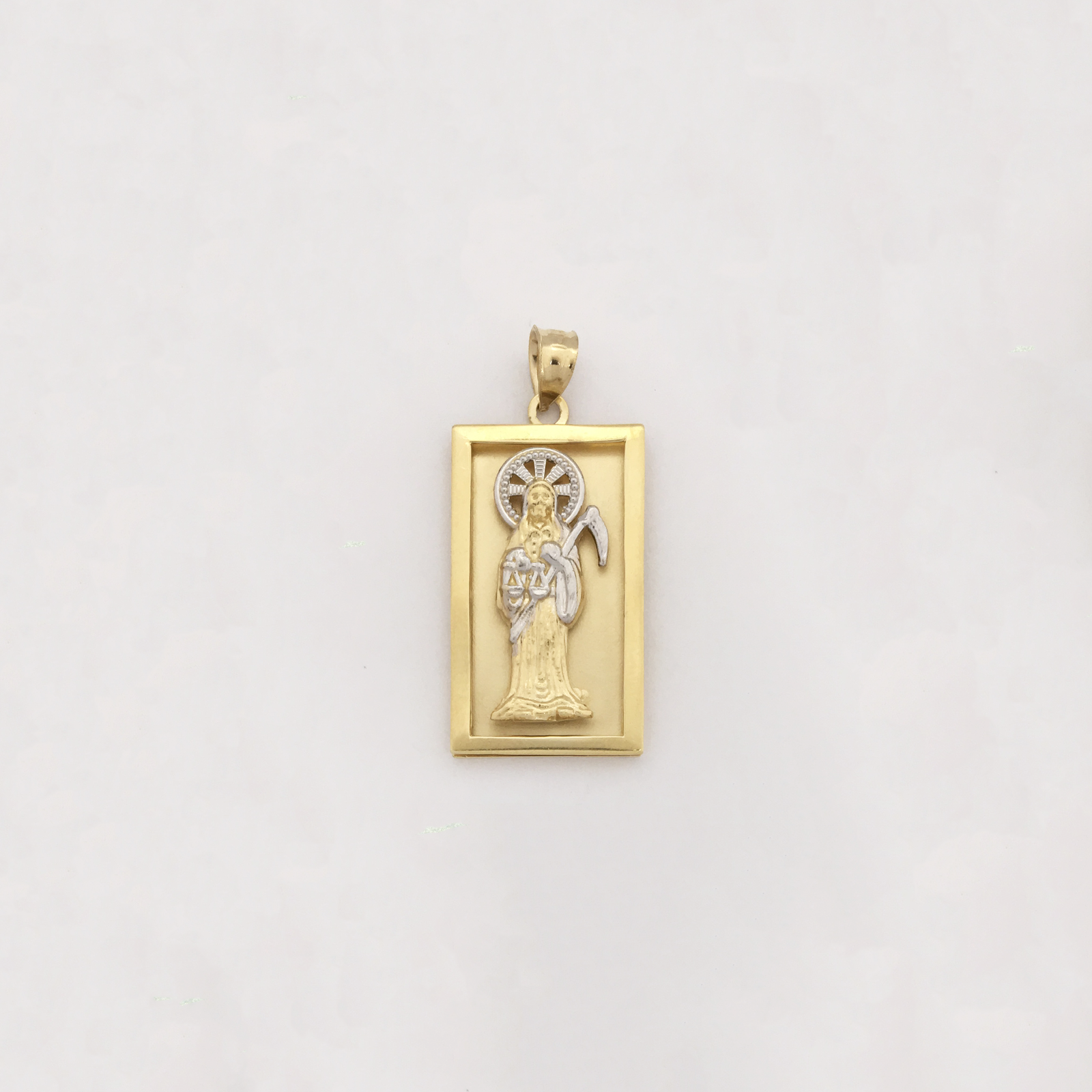 14K Tri-Color Gold Santa Muerte Charm Pendant With CZ - 24 X 15 Mm, Real Gold, Cubic Zirconia Detail