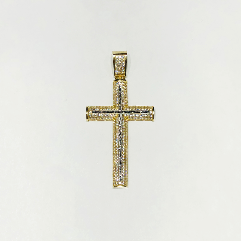 Convex Cross CZ Two-Tone Pendant (14K) - Popular Jewelry New York