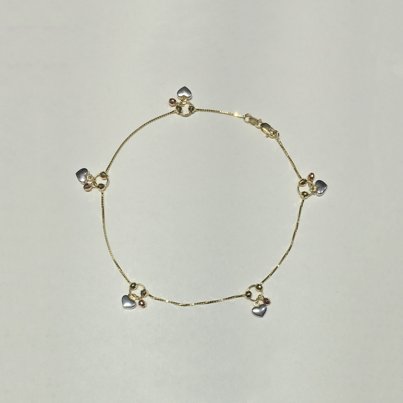 Heart and Grenades Tri-Color Bracelet/Anklet (14K) up - Popular Jewelry - New York
