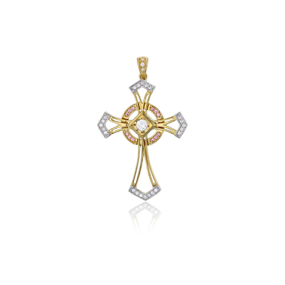 Two-Tone Pink & White CZ Cross Pendant (14K)