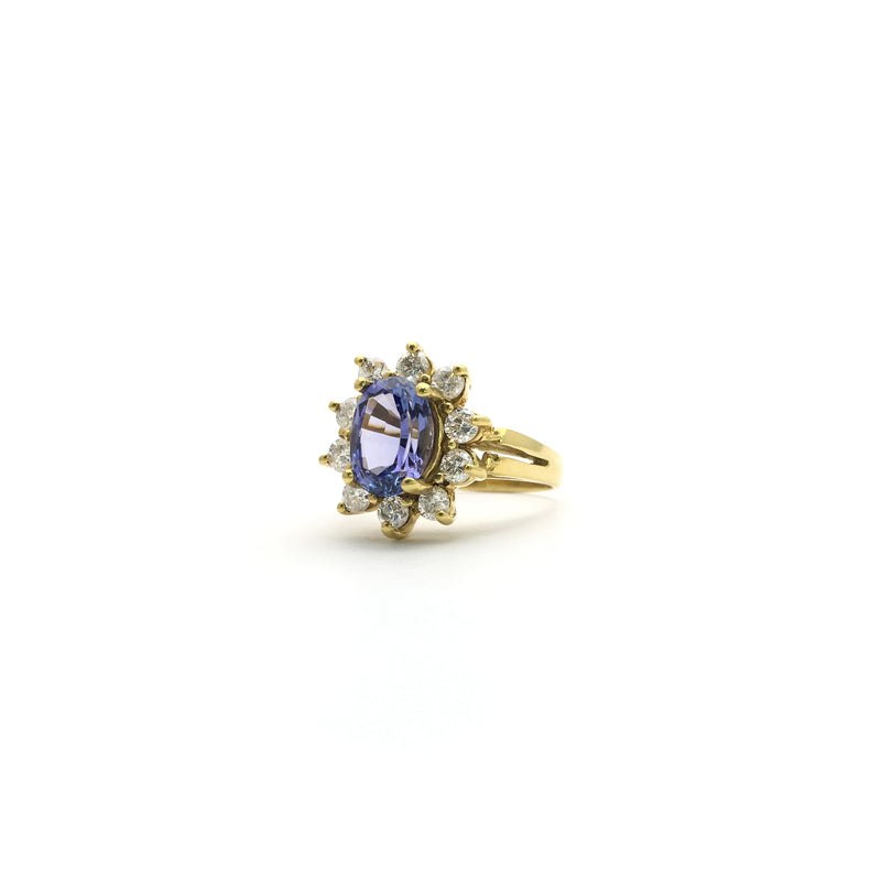 Oval Tanzanite Diamond Sunburst Halo Ring (18K) side - Popular Jewelry - New York