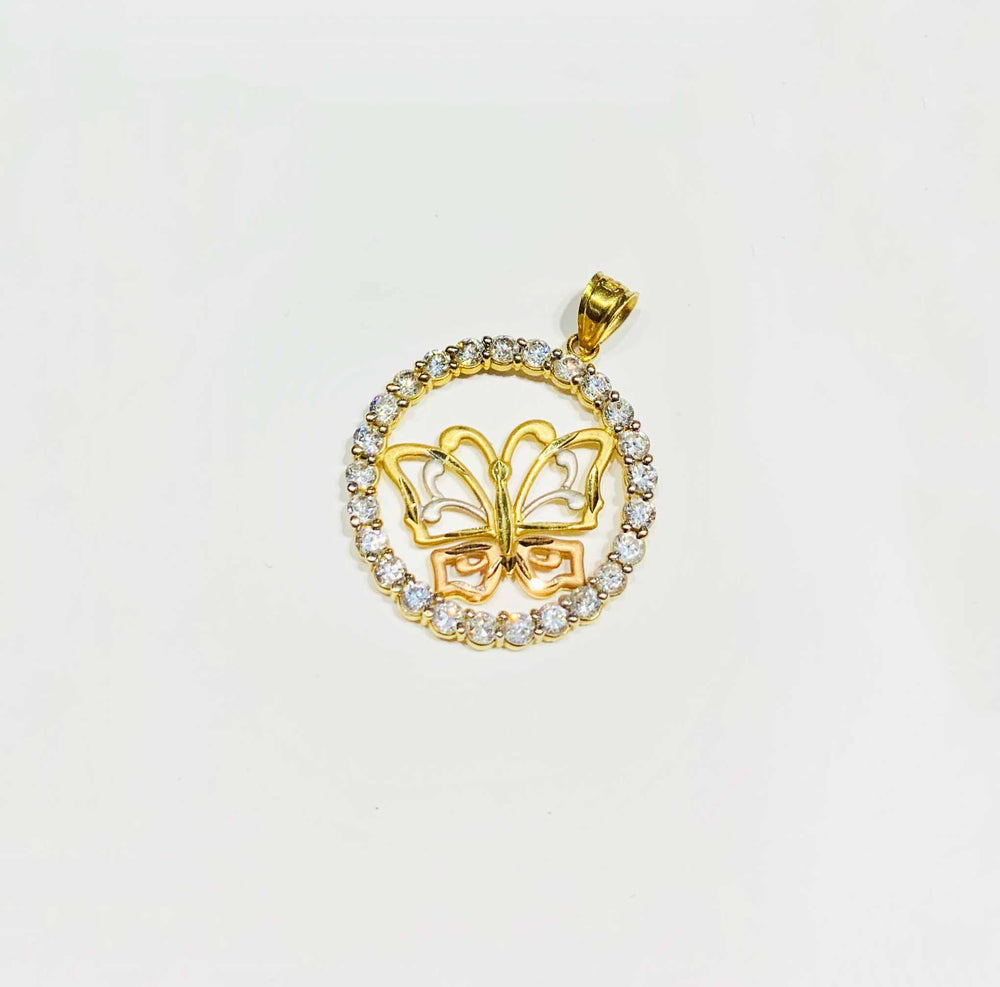 Tricolor Round Butterfly CZ Pendant (14K)