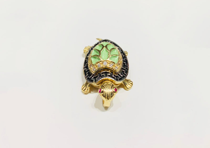 Meander Green Shell Turtle CZ Ring (14K).