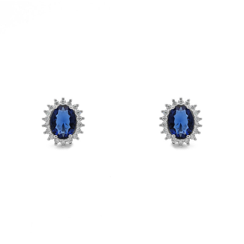 Blue Stone Oval-Cut Halo Stud Earrings (Silver) front - Popular Jewelry - New York