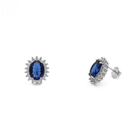 Blue Stone Oval-Cut Halo Stud Earrings (Silver) main- Popular Jewelry - New York