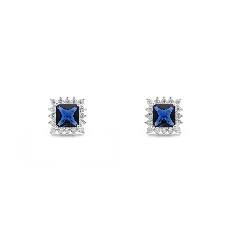 Blue Stone Princess-Cut Halo Stud Earrings (Silver) front - Popular Jewelry - New York