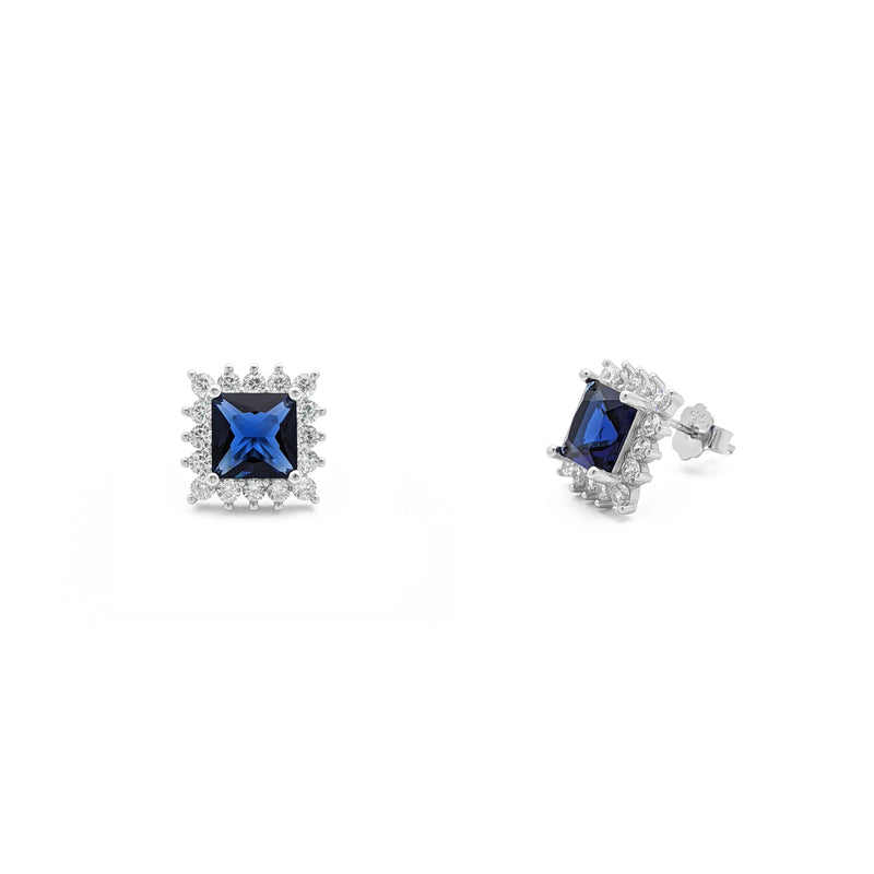Blue Stone Princess-Cut Halo Stud Earrings (Silver) main - Popular Jewelry - New York