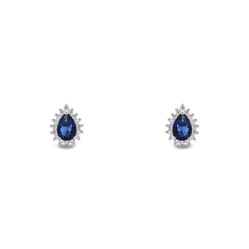 Blue Stone Teardrop Halo Stud Earrings (Silver) front - Popular Jewelry - New York