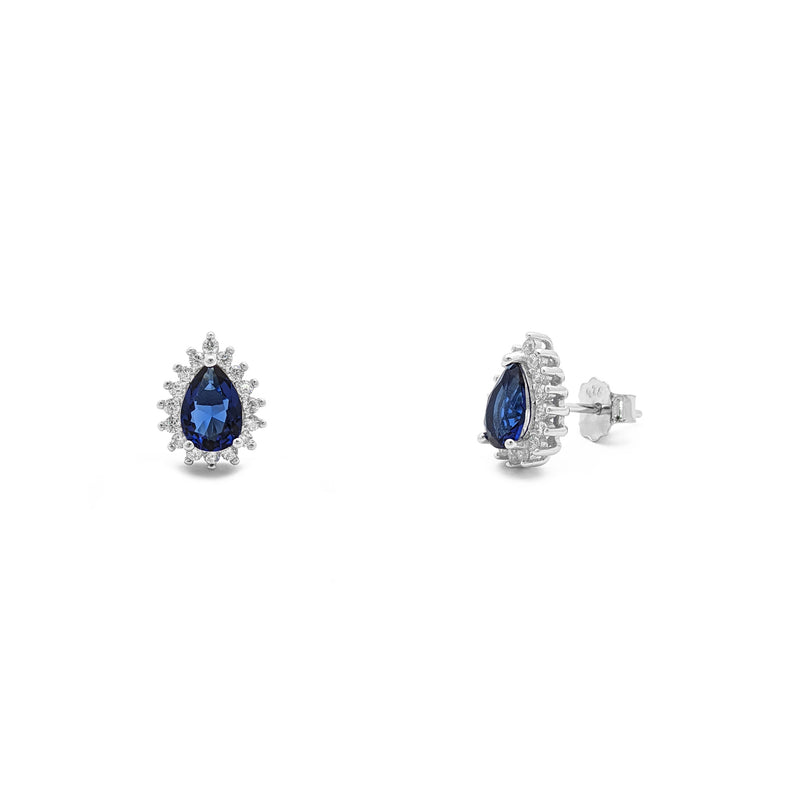 Blue Stone Teardrop Halo Stud Earrings (Silver) main - Popular Jewelry - New York