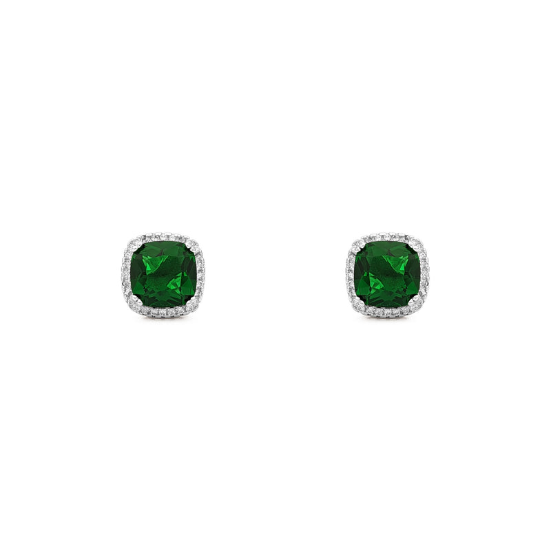 Green Radiant-Cut Cushion Halo Stud Earrings (Silver) front - Popular Jewelry - New York