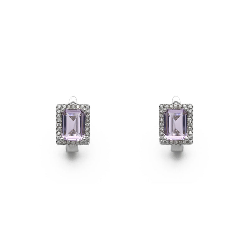 Lilac Emerald-Cut Halo Stud Earrings (Silver) front - Popular Jewelry - New York