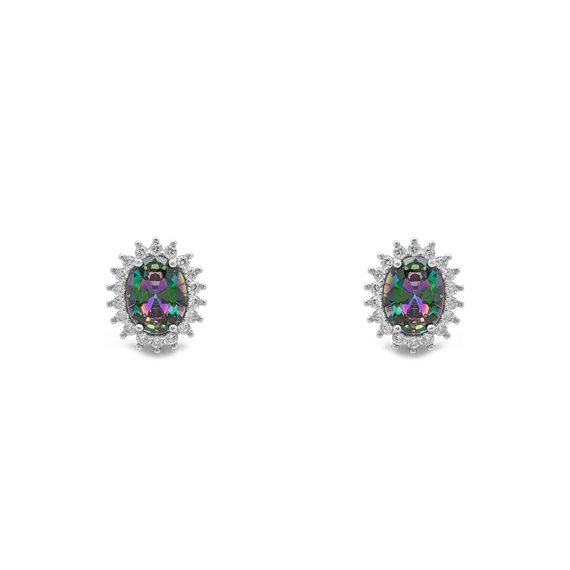 Mystic Fire Stone Oval-Cut Halo Stud Earrings (Silver) front - Popular Jewelry - New York