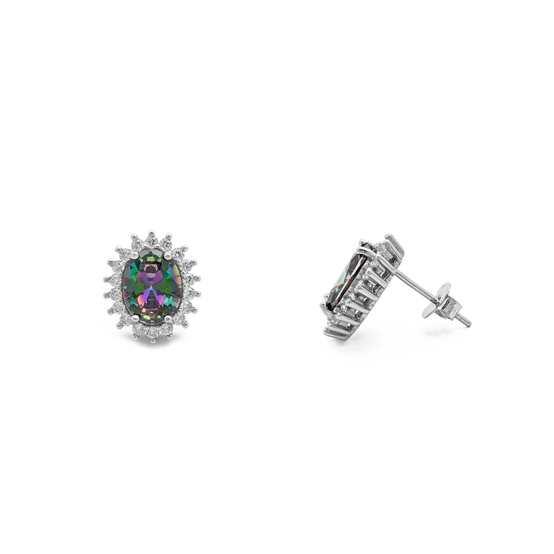 Mystic Fire Stone Oval-Cut Halo Stud Earrings (Silver) main - Popular Jewelry - New York