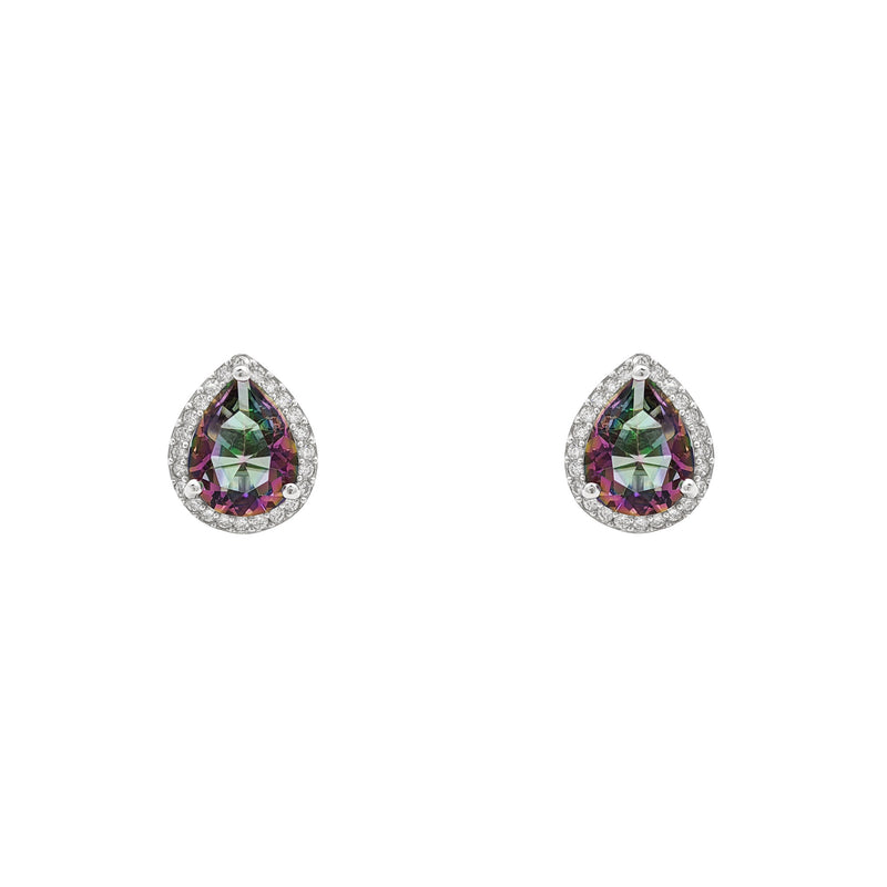 Mystic Fire Teardrop Halo Stud Earrings (Silver) front - Popular Jewelry - New York