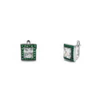 Princess Zirconia Faux Emerald Halo Stud Earrings (Silver) main - Popular Jewelry - New York