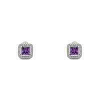 Purple Stone Princess-Cut Cushion Halo Stud Earrings (Silver) front - Popular Jewelry - New York