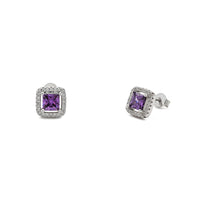 Purple Stone Princess-Cut Cushion Halo Stud Earrings (Silver) main - Popular Jewelry - New York