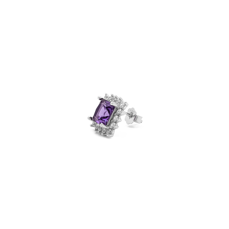 Purple Stone Princess-Cut Halo Stud Earrings (Silver) side - Popular Jewelry - New York